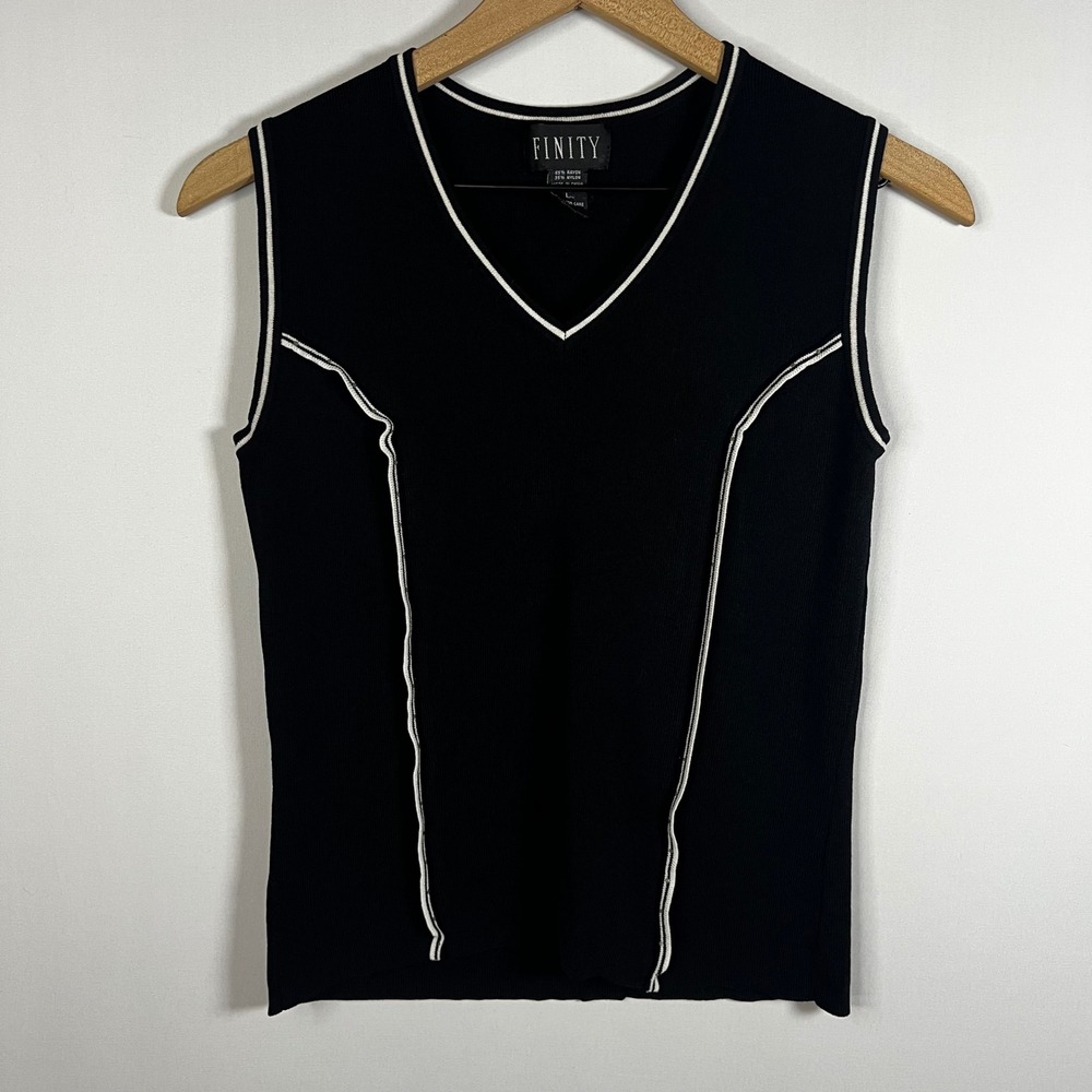 Finity Top Women Large Black Sequin Trim Detail Sleeveless Blouse‎ Sweater Vest